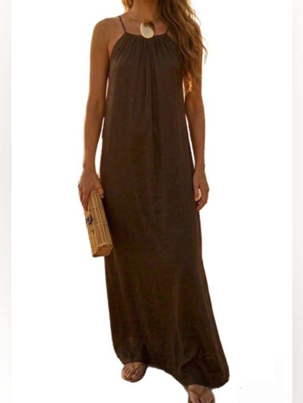 BAHHGOOSE Cei Brown Satin Low Back Maxi Dress M/L Reversible Side Slits